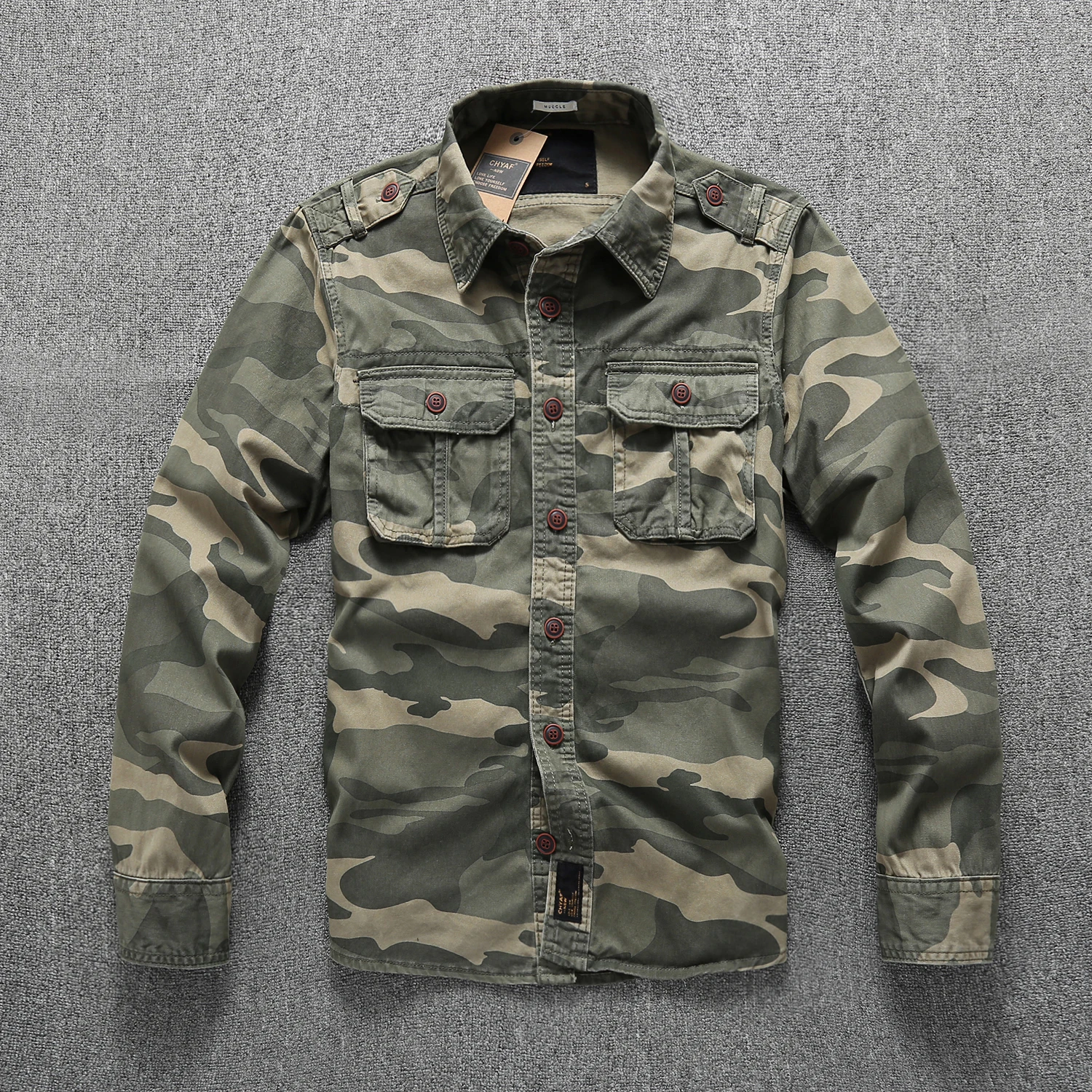 Men's Spring and Autumn Casual Shirts Camouflage Multi-Pockets Cargo Shirts Fashion Outerwear