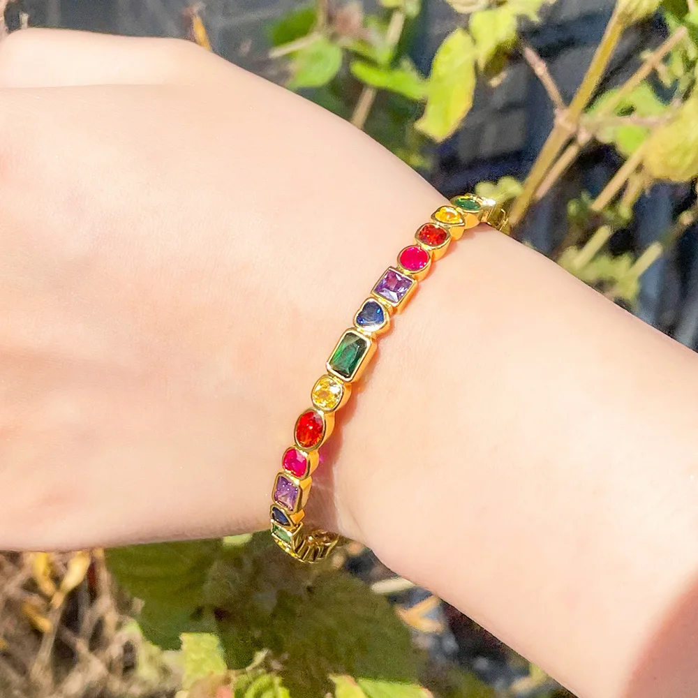 Pera Fashion Rainbow Zirconia Gold Color Big Open Cuff Bangles Bracelets for Women Anniversary Party Jewelry Gift Z002
