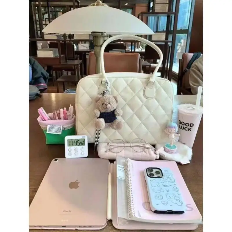 Bloom Dia Grid White Shoulder Wallet Women 2025 Large Capacity Bowling Tote Bag Ladies Haruku Aesthetic Handbag Y2k