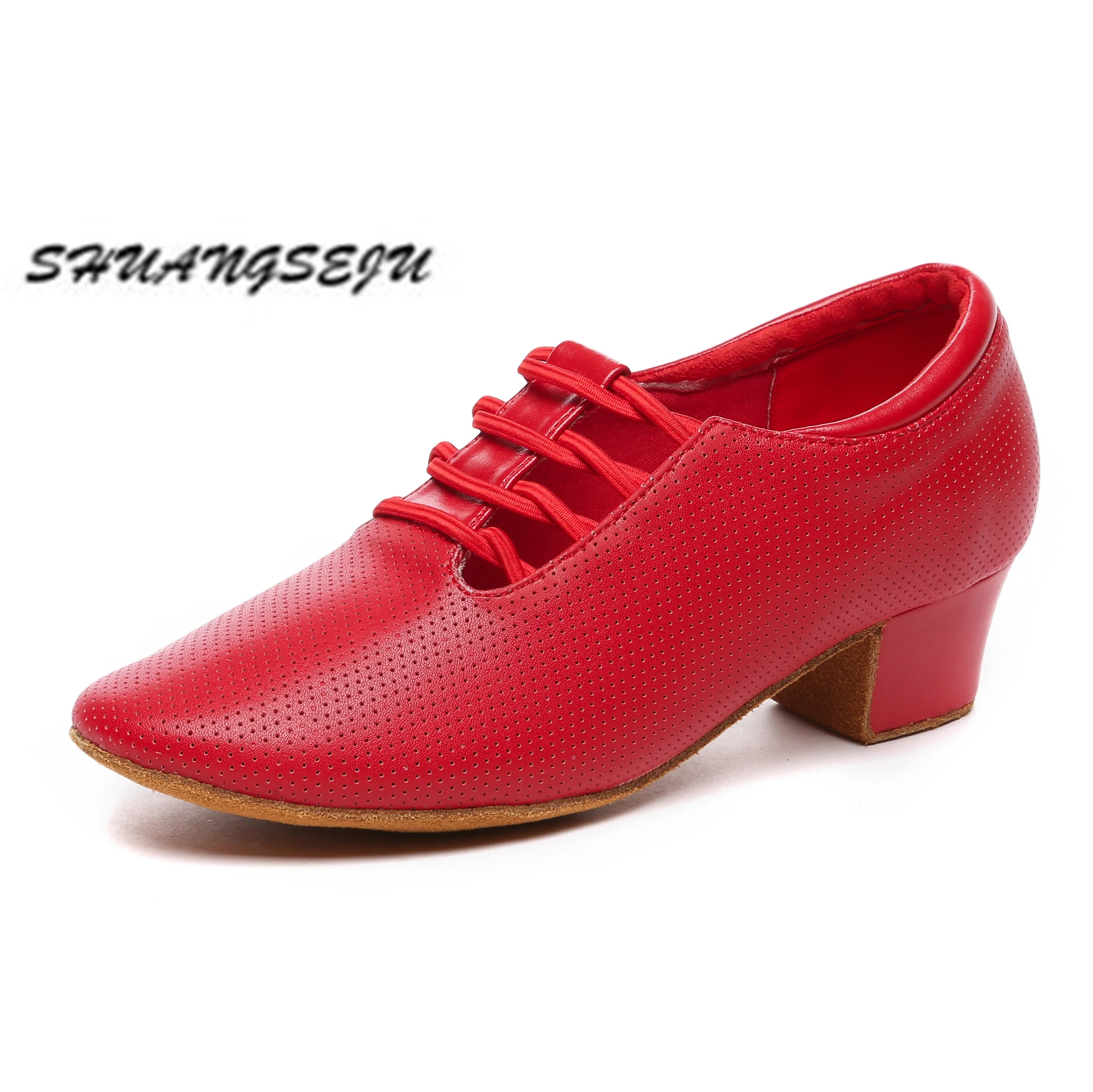 SHUANGSEJU Red Latin dance shoes Women's modern dance shoes cowhide cha-cha salsa professional teacher practice dance shoes 4cm