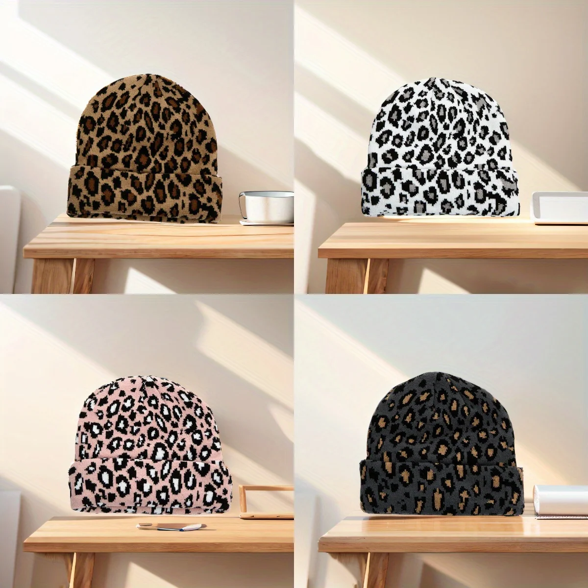 

Leopard Print Melon Skin Hat, Knitted Hat, Winter Warm Roll-up Brim, Round Crown,Pull-over,Unique, Trendy Hat for Men and Women.