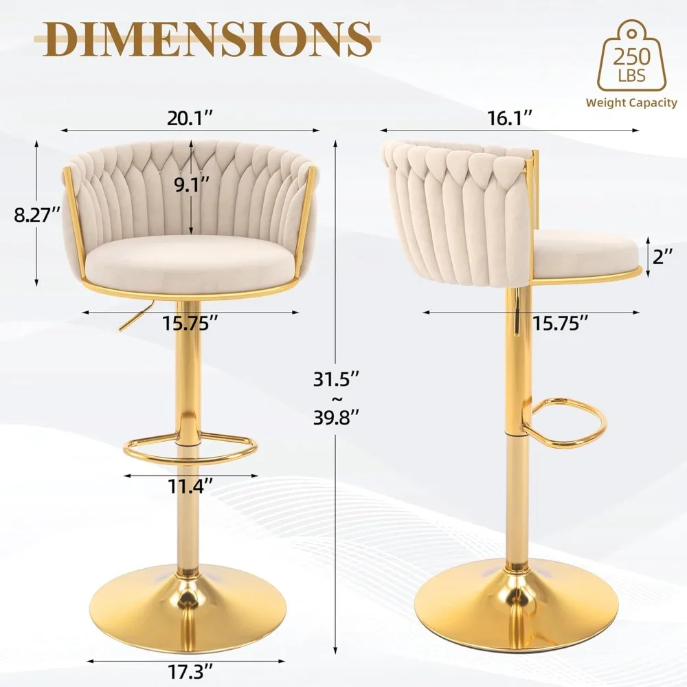 Gold Bar Stool Set of 4, Velvet Swivel Barstools, Height Adjustable Counter Stools with Woven Backrest, Upholstered Modern image 2