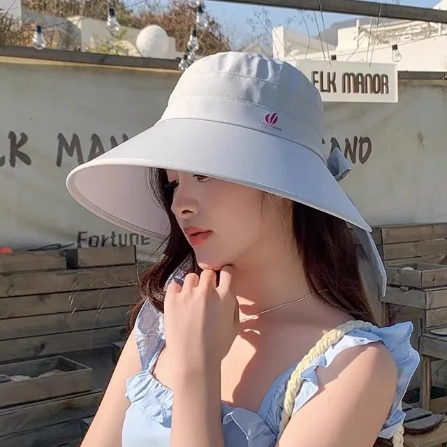2026 New Arrival 100% Cotton Face Slimming Wide Brim Bucket Hat For Women Adjustable Back Bow Ponytail Hole Uv Sun Protection