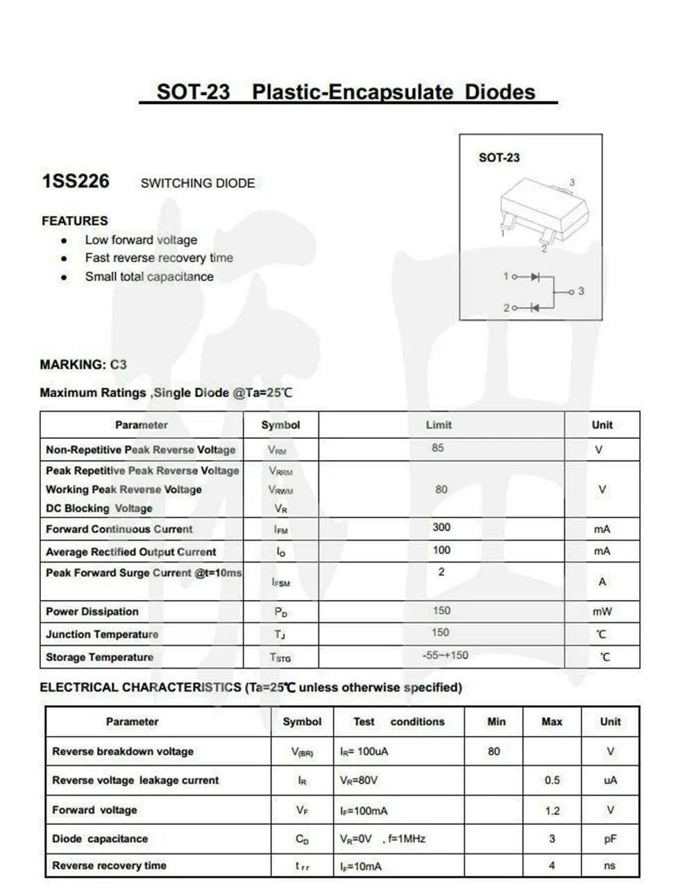 100PCS 1SS226 C3 0.1A 80V SOT-23 Switching Diodes SMD Chip Transistor