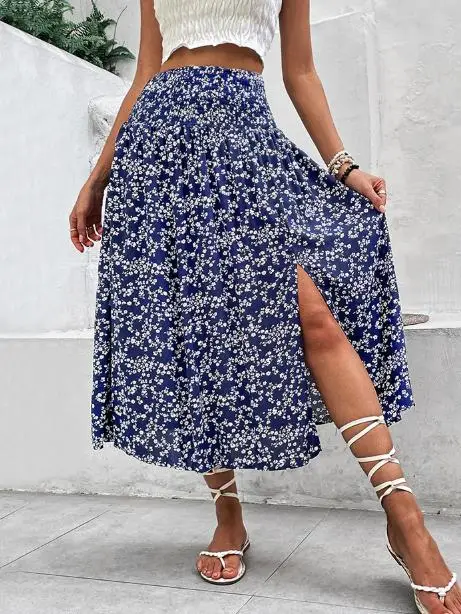 

2025 Women's Summer High Waisted Floral Print Slit A-Line Slim Fit Holiday Skirt Leisure Vacation Fresh Air Blue Floral Skirt