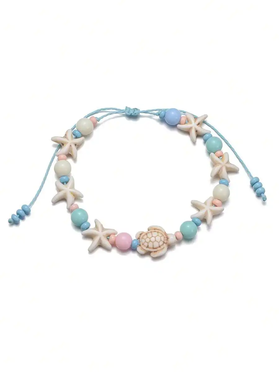 1pc vibrant turquoise starfish anklet woven with Korean wax thread for women view 2