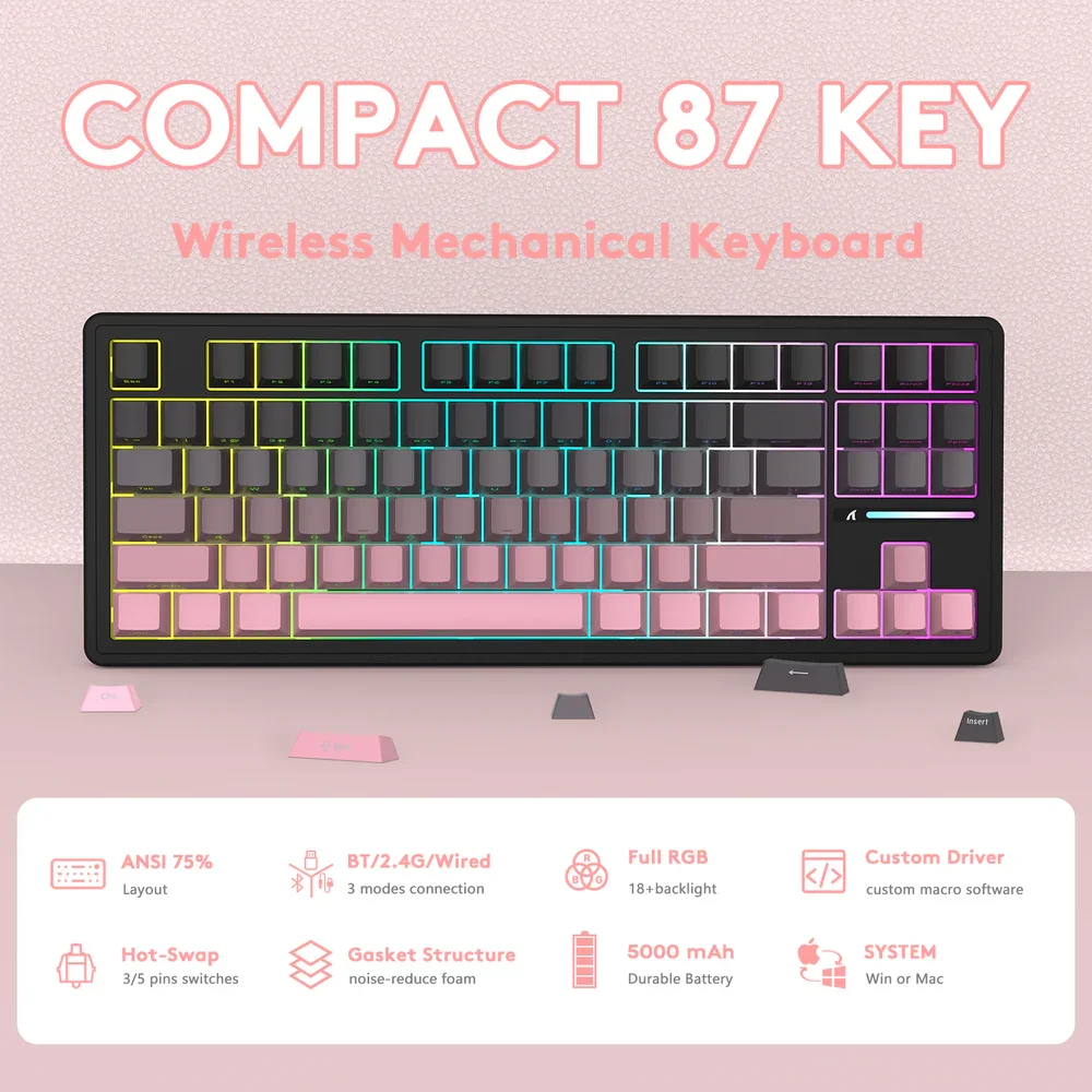 

Механическая игровая клавиатура Attack Shark M87 PRO, беспроводная, трехрежимная (BT/2,4G/проводная), программируемая с возможностью горячей замены TKL RGB с подсветкой