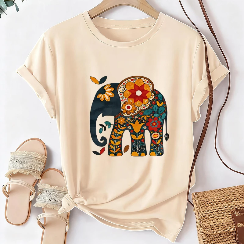 Cartoon-T-Shirt mit kurzen Ärmeln und Rundhalsausschnitt mit Elefanten- und Blumendruck, 90er-Jahre-Oberteile, Y2K-T-Shirt für Damen, lustige, lässige T-Shirt-Kleidung