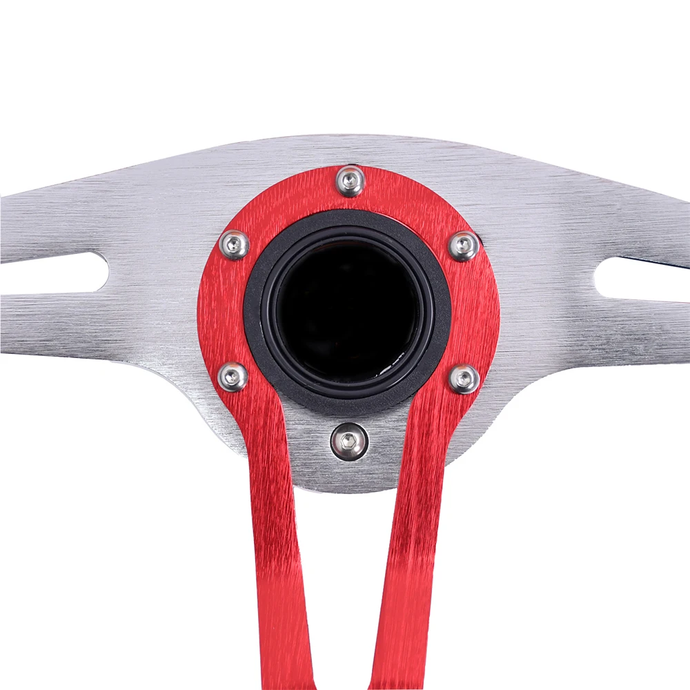 350MM Customized Car Universal Steering Wheel Black and Red Microfiber Leather Sport Steering Wheel with Long Bar Falt Bracket 4