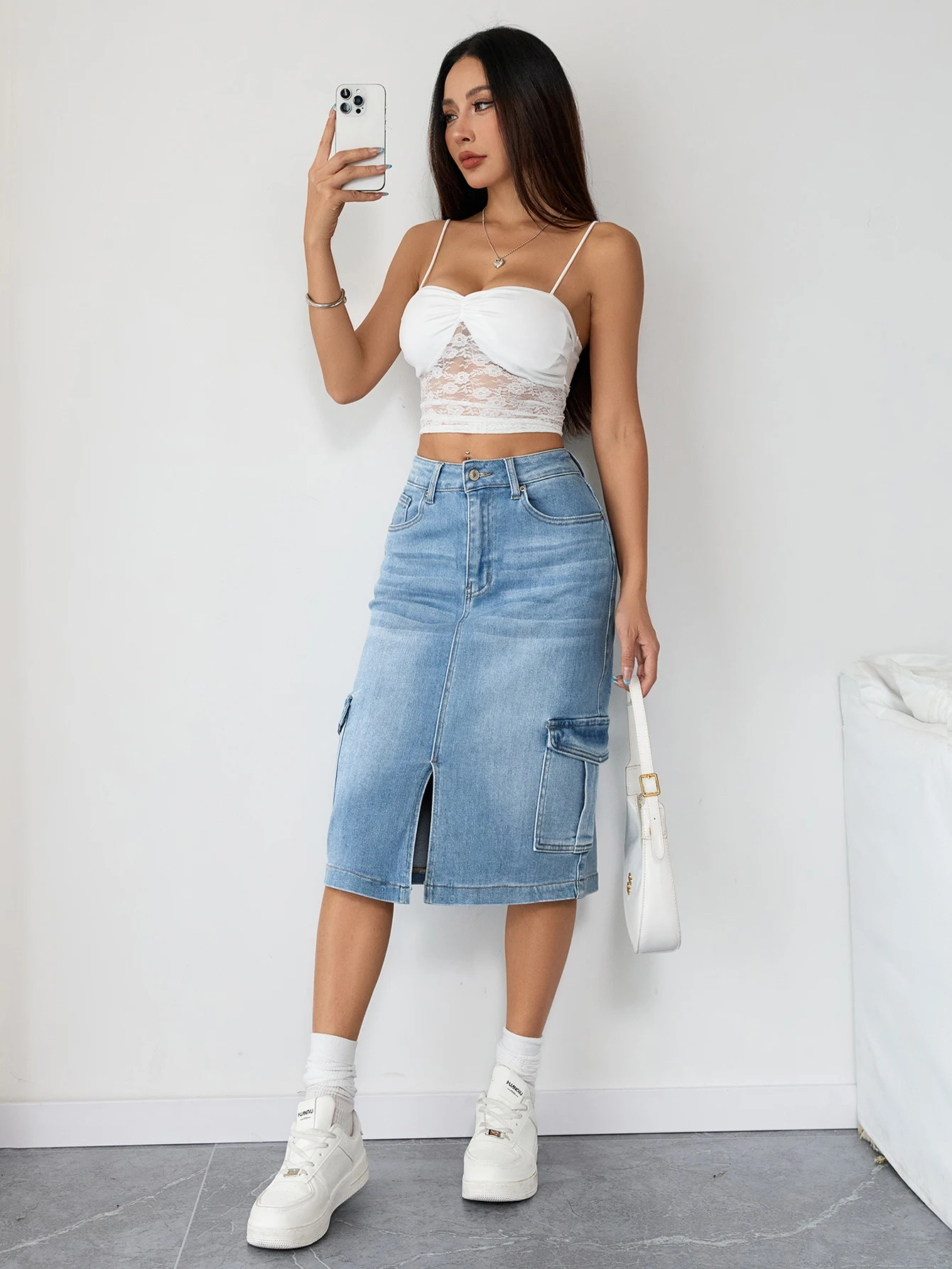 스타일리시 여성 데님 미디 스커트 하이 웨이스트 슬림 카고 진 스커트 여성 패션 팬츠 대안