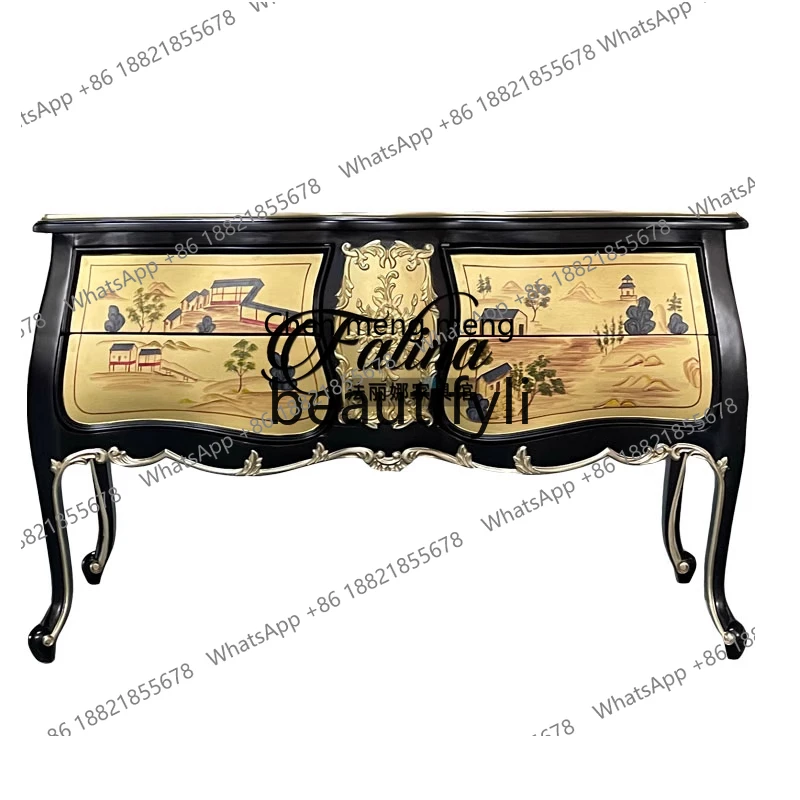 

French black hand-painted entrance art American solid wood carving flower storage cabinet bucket cabinet decorative cabinet H