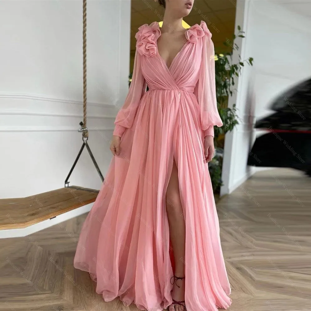 

Розовые вечерние платья Элегантные тюлевые многослойные платья для выпускного вечера с v-образным вырезом Модные женские вечерние платья с длинными рукавами и высоким разрезом длиной до пола