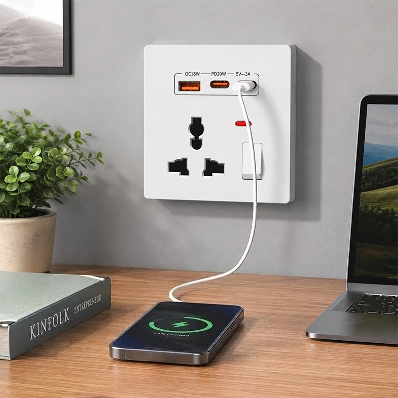 20W Fast Charging Universal Wall Socket with USB and Dual Typec Compatible for UK AU US TH EU Standard 86mm X 86mm Made in China
