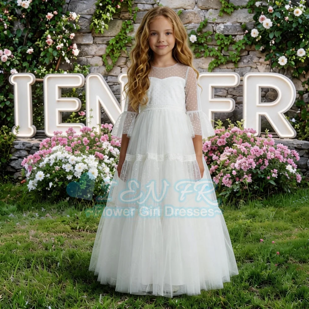 

Индивидуальное белое платье для девочки с кружевом в горошек, рукавами-лепестками и А-образным силуэтом для свадьбы, дня рождения, праздника, первого причастия