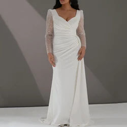 Modern Pleat Floor Length Wedding Dress Illusion Sequin Lace Long Sleeves V-Neck A-Line Backless Bridal Marriage Gowns Custom