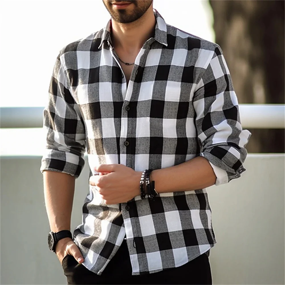 

Camisa de hombre a cuadros a rayas vintage, camisa de manga larga casual elegante, top de solapa abotonada, XS-6XL