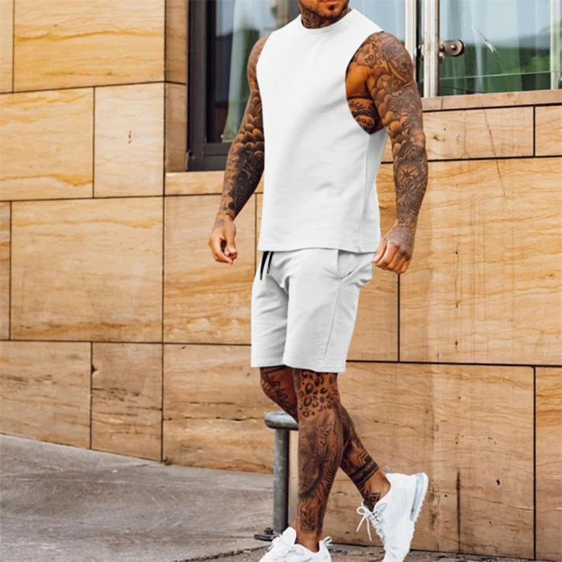 Men's Solid Color Simple Two-piece Sets Casual Thin Section Lace-up Five-piece Pants Sleeveless Tops Summer Sports Male Suits 23