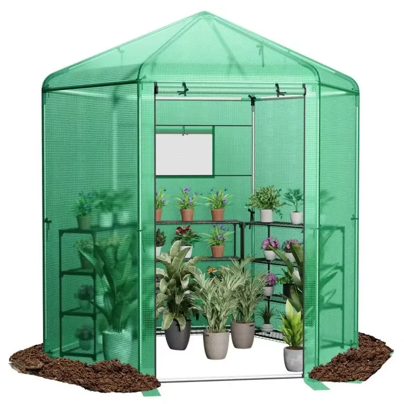Hexagonal Walk-In Garden Greenhouse for PE Cover and Metal Frame Green Color
