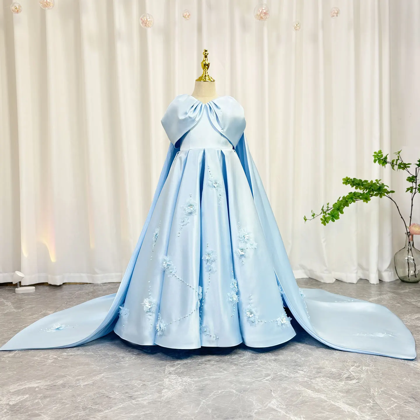 Jill Wish Luxury Blue Dubai Girl Dress Beaded Crystal Arabic Princess Kids Wedding Birthday Party Ball Gown Communion 2025 J379