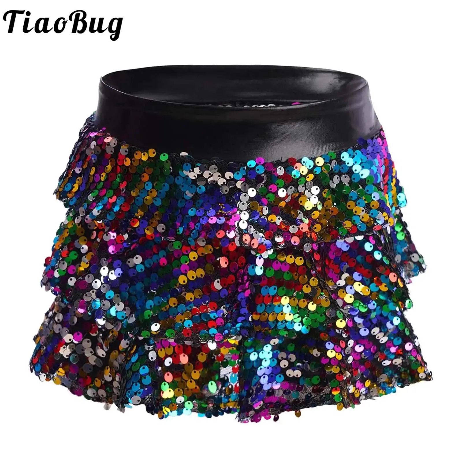 

Kids Girls Jazz Latin Ballet Dance Costume Culottes Shiny Sequins Tiered Ruffle Shorty Skirted Shorts Performance Dancewear