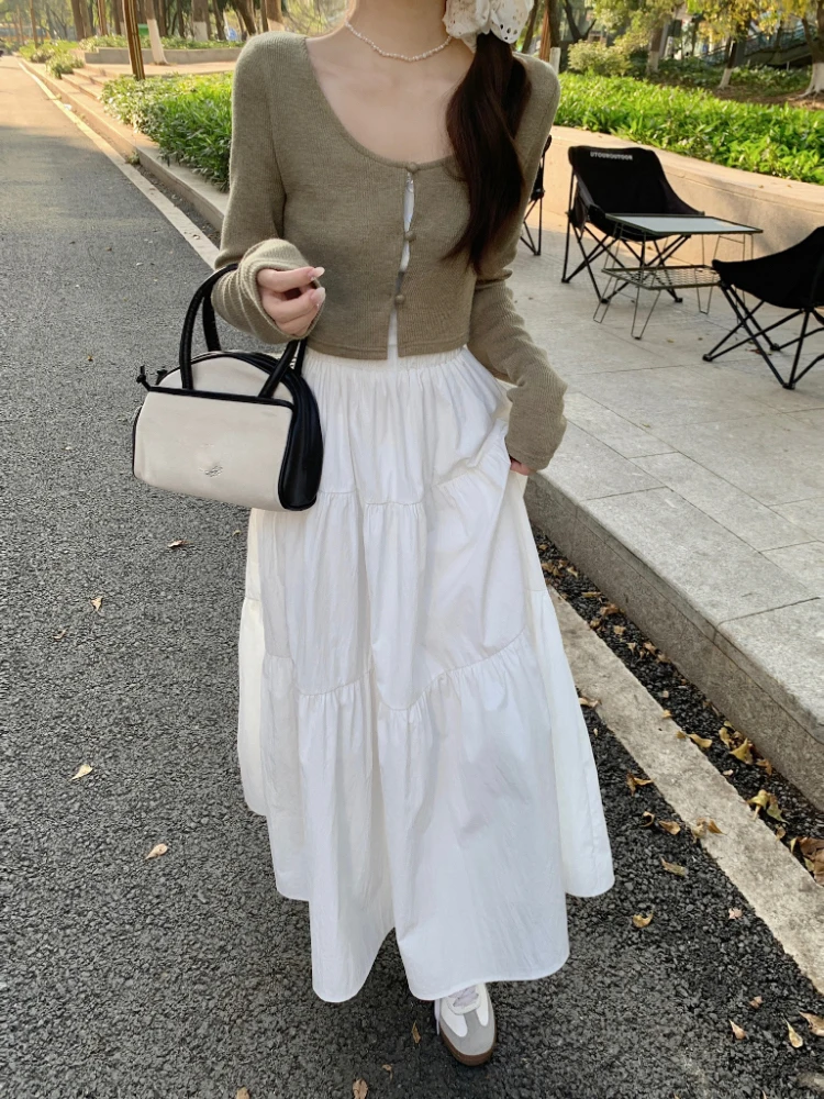 

Sweet Fene White A-Line Skirt Women's High Waist Layered Gentle Sle Commute Korean Version Long Skirt