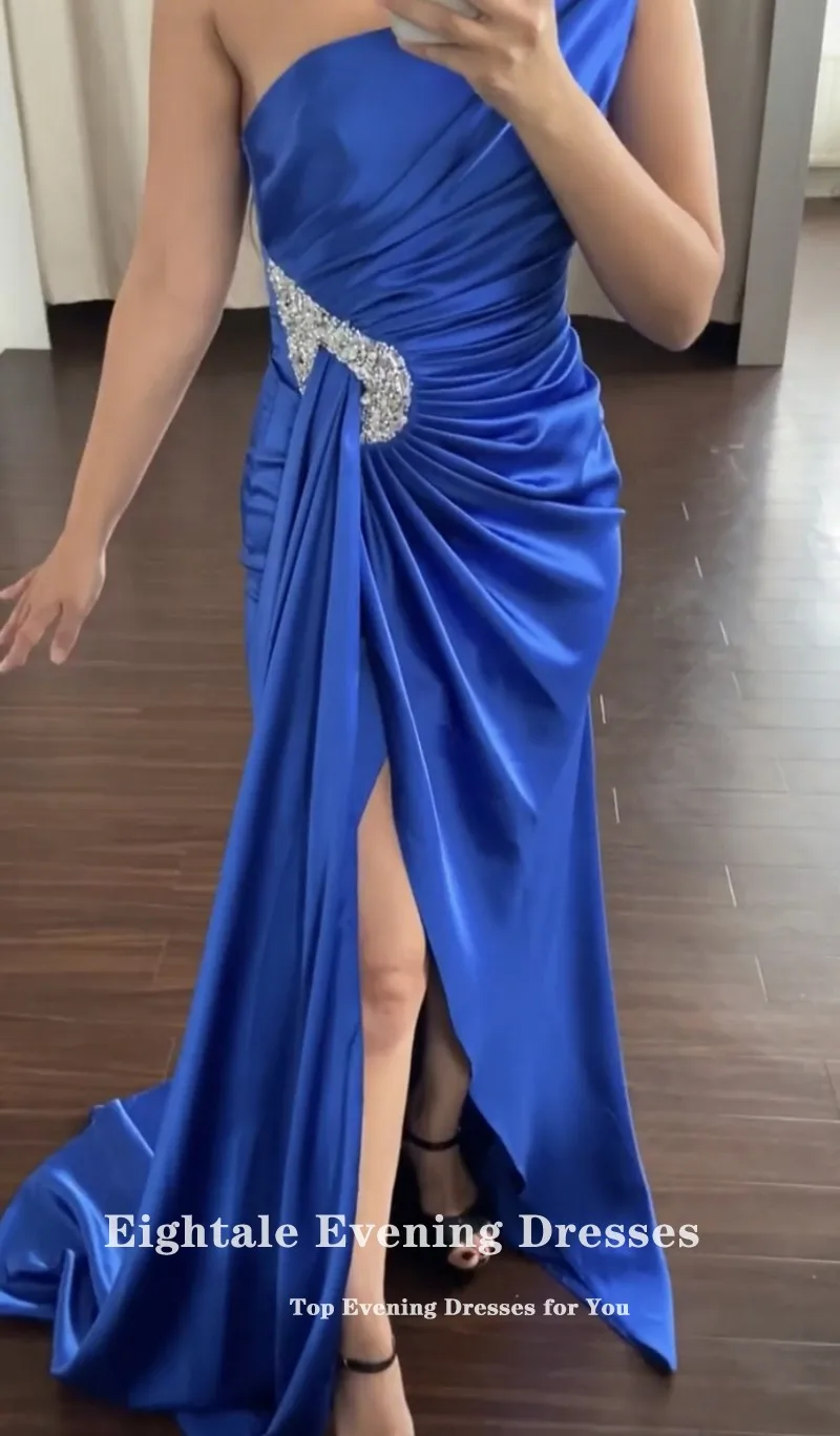 Eightale Royal Blue Evening Dress for Wedding Party Satin Beaded Customized Arabic Elegant Long Prom Gowns Celebrity Gown