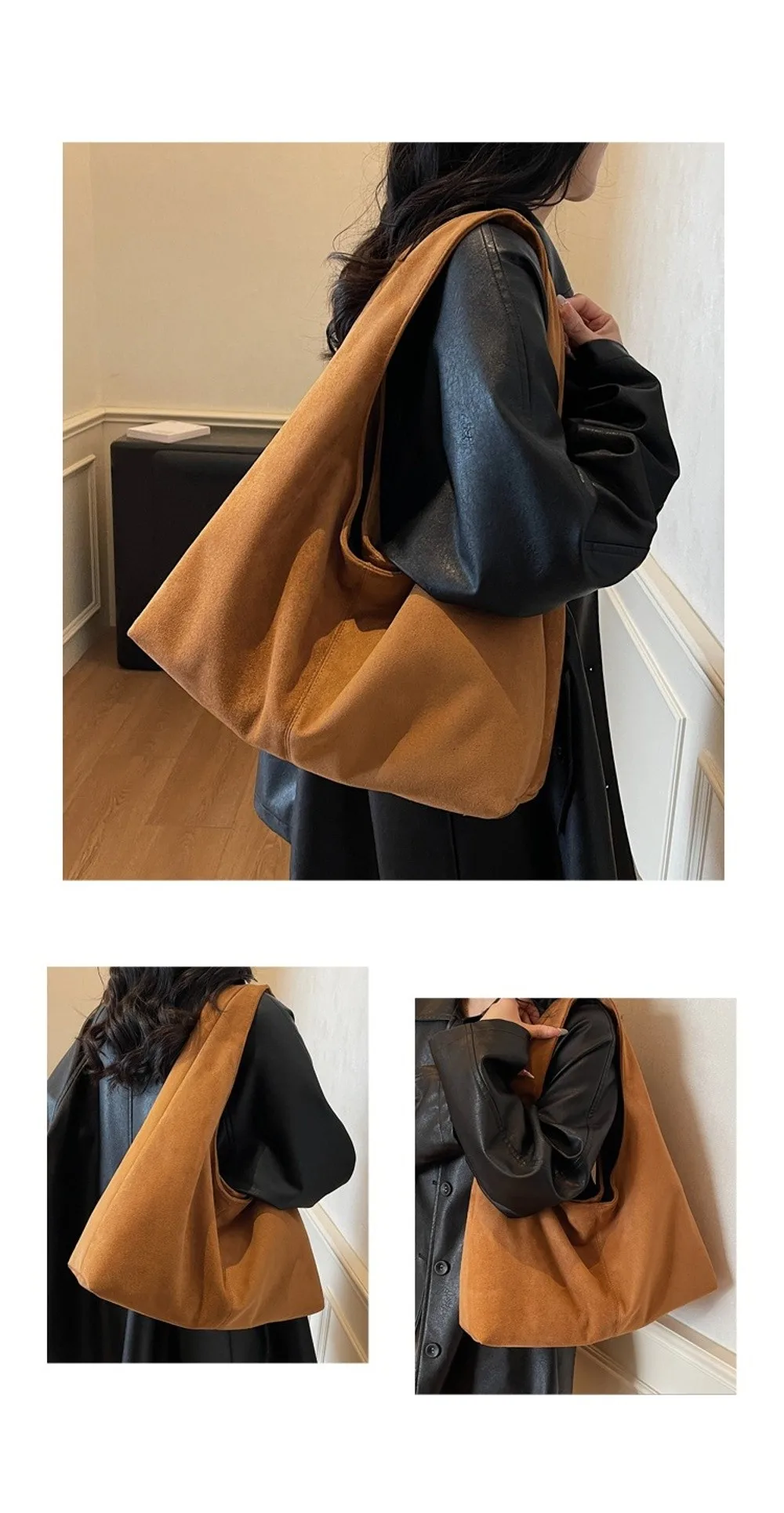 Lässige Retro-Damen-Schultertasche aus Wildleder mit großem Fassungsvermögen, einfarbige Shopper-Tasche – Detail 3