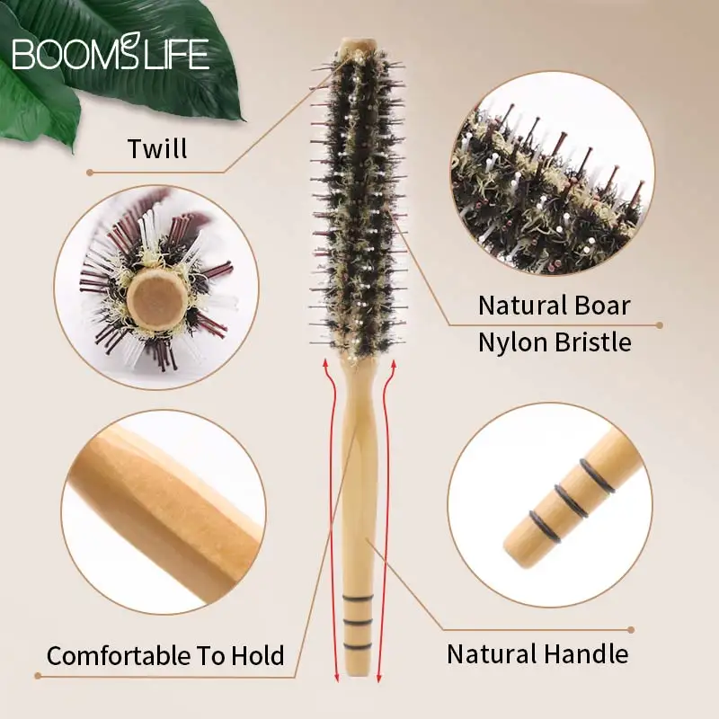 Natural Boar Bristle Rolling Brush Barber Hair Roller Wood Hair Brush Round Barrel Hair Comb for Women Curly Hair Hairdressing