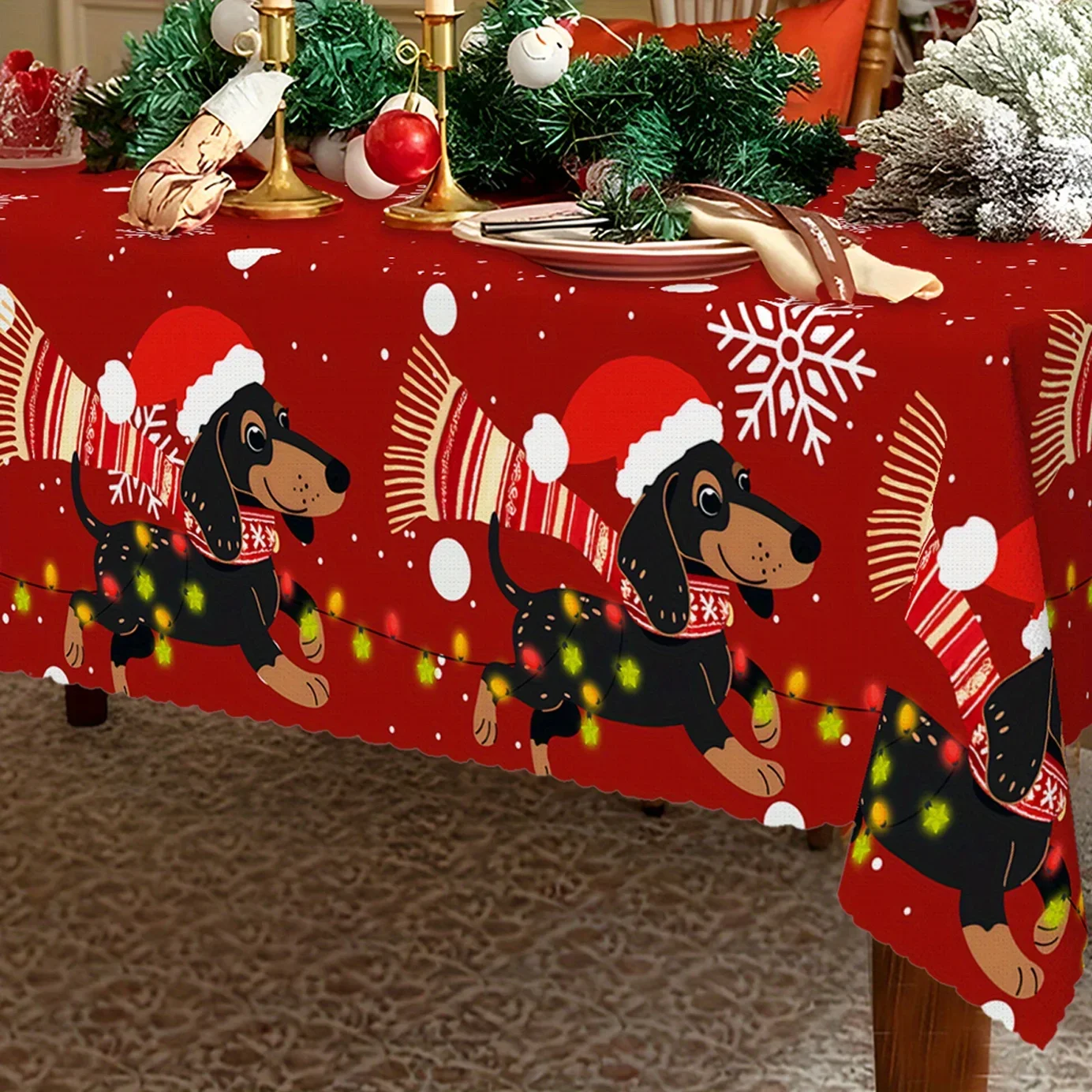 1 piece of polyester sausage dog-themed Christmas happy tablecloth, with bright festive decorationszyc
