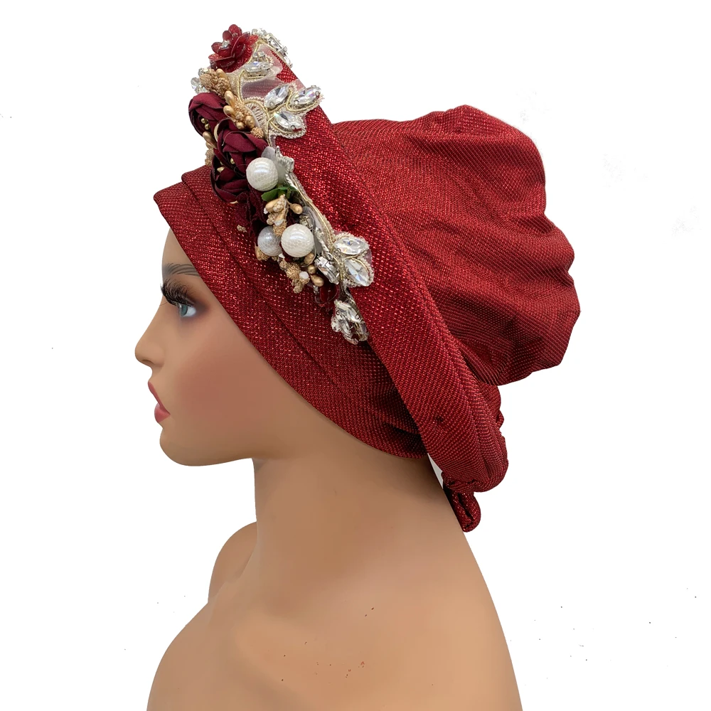 Fashion Women\'s Auto Gele Headtie African Wedding Head Ties Party Head Wraps Lady Turban Cap Female Flower Autogeles