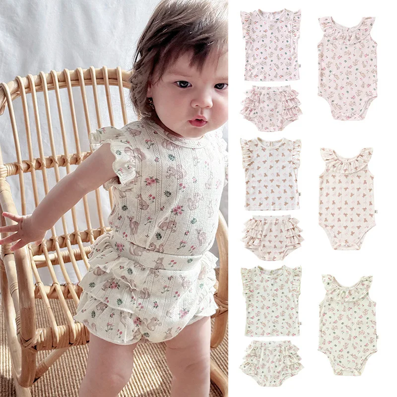 2026 summer baby clothes baby girl suspenders summer ruffle edge fart clothes girls fart two-piece set