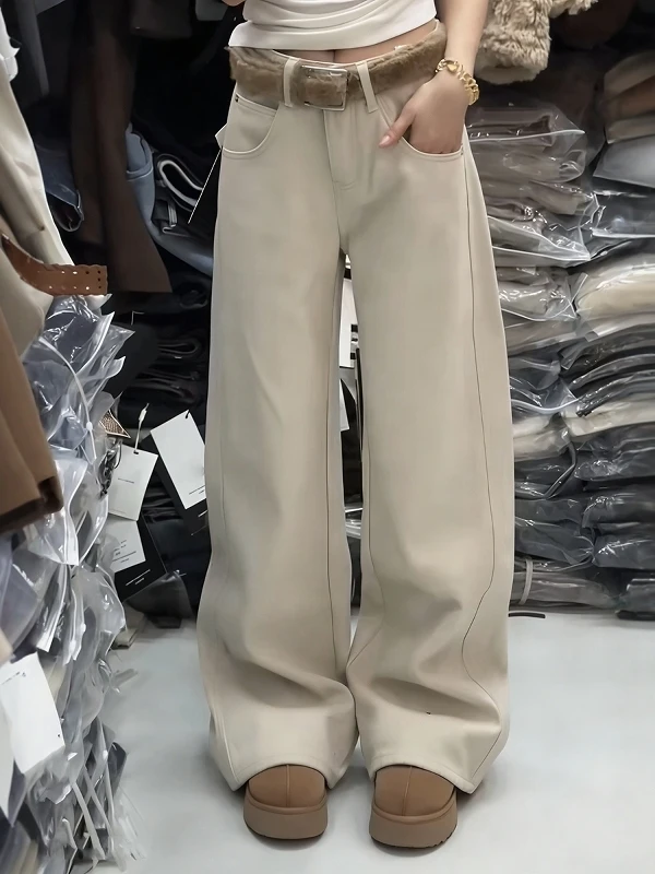 

Корейские повседневные женские джинсы на подкладке, свободные широкие брюки, модные универсальные утягивающие зимние джинсы, Новое поступление