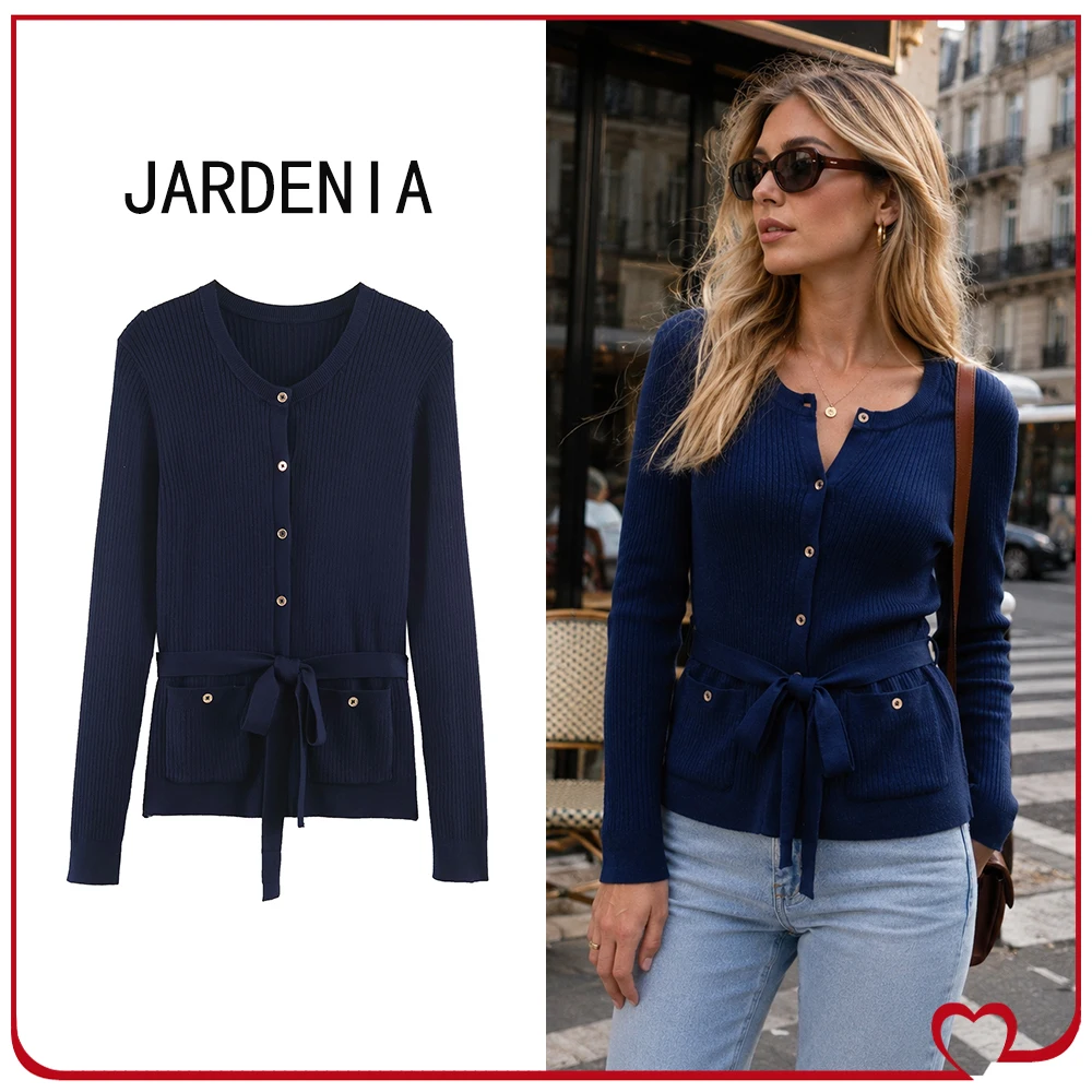 Elegant Rib Knit Belted Cardigan for Women Spring & Autumn Crew Neck Long-sleeve Cardigan Navy Blue Cardigan with Patch Pockets