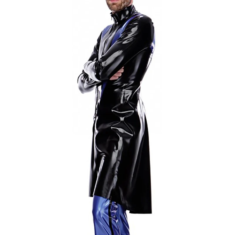 Black And Blue Minister Sexy Latex Robe With Front Short Zipper Rubber Jacket Trench Coat Top Topcoat Overcoat 0355 - view 2