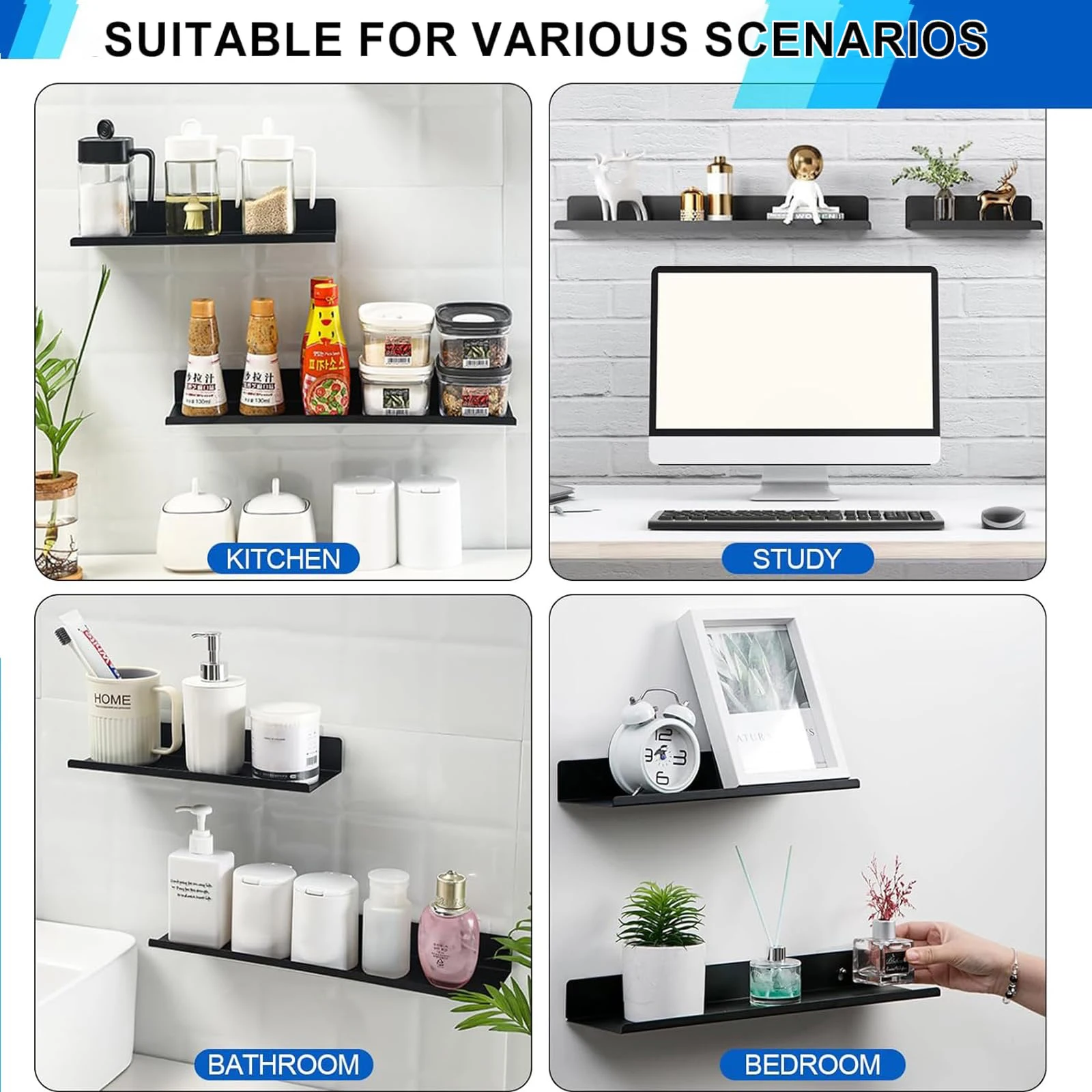 Aluminum Alloy Floating Living Room Shelf — Bedroom Wall-Mounted Decor Shelf & Bathroom Storage Rack for Displaying Books Plant