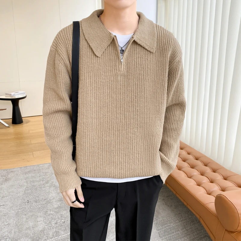 

Мужской вязаный свитер с воротником на молнии, осенне-зимний, с длинным рукавом, утепленный, повседневный, свободного кроя, модный базовый слой