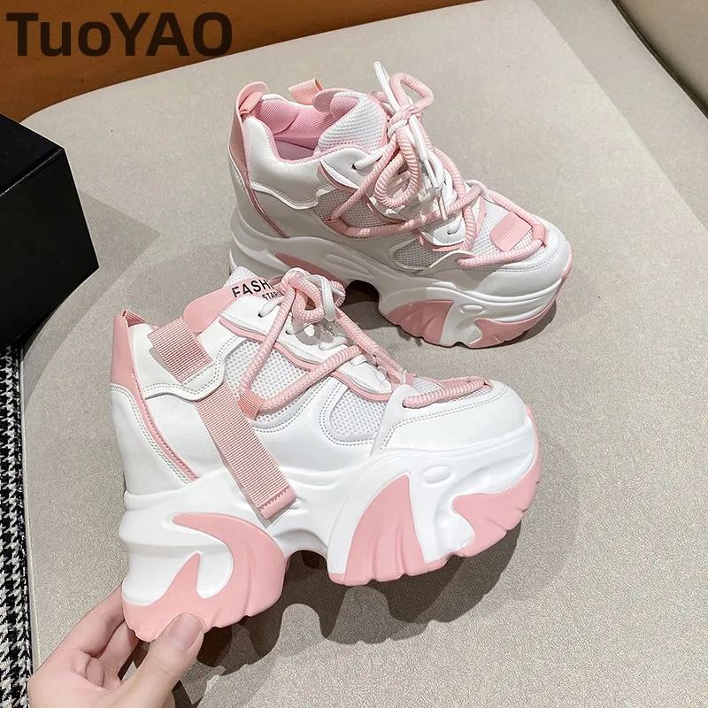 

Women High Platform Sneakers 2024 New Spring 10.5CM Wedge Heels Thick Sole Leather Shoes Breathable Mesh Chunky Sneakers Woman