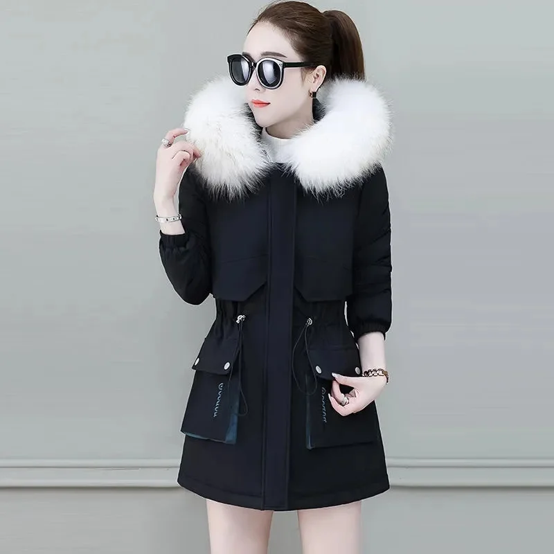 2023 New Winter Coat Women Parka Fashion Long Coats Hoodie Parkas Fur Neckline Warm Chiffon Apron Student Jacket Outerwear