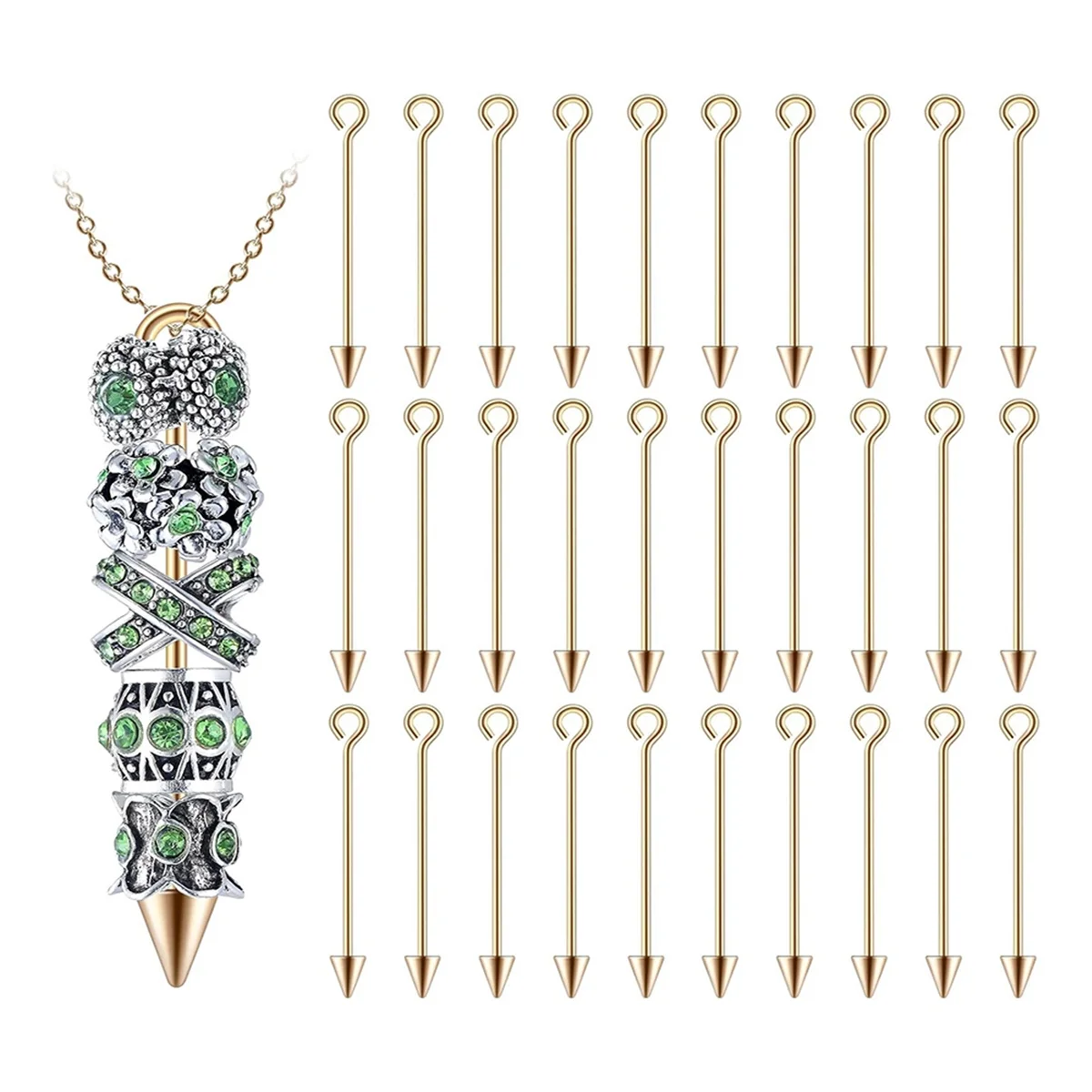 AGG-30 Pieces Metal Long Rod Pendants with Eye Pins with Tapered Bead Ends for Earrings Necklace Making Gold