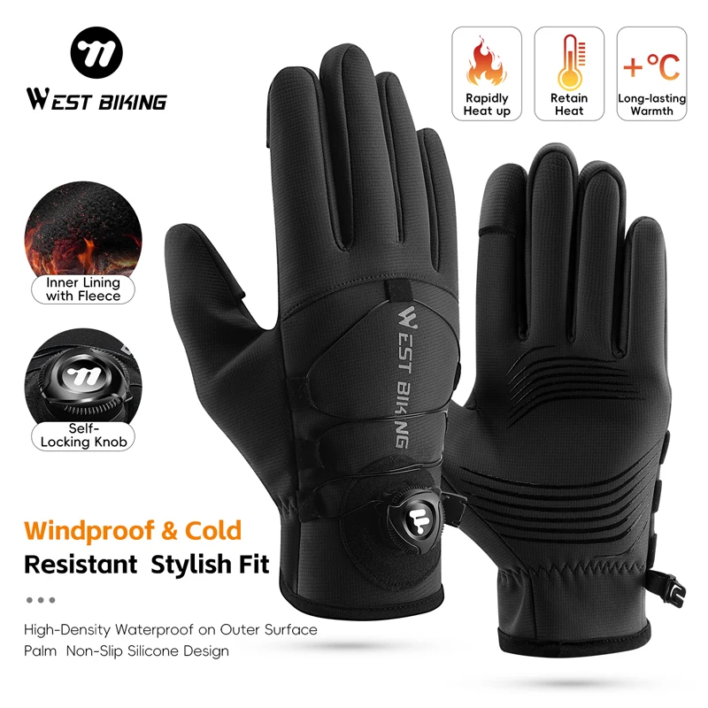 WEST BIKING Winter Cycling Gloves Self‑Adjust Lock Buckle Flip Fingertip Thermal Full Finger Gloves for Outdoor Biking Hiking