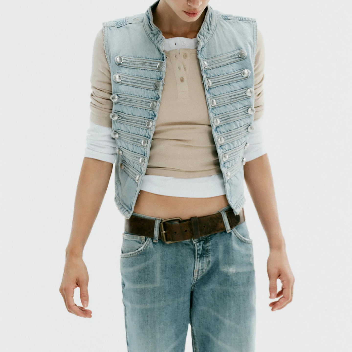 Fashionable Button Decorated Sleeveless Denim Vest Women's Autumn Wear ZADATA Brand Outerwear Regular Length Double Row Buttons
