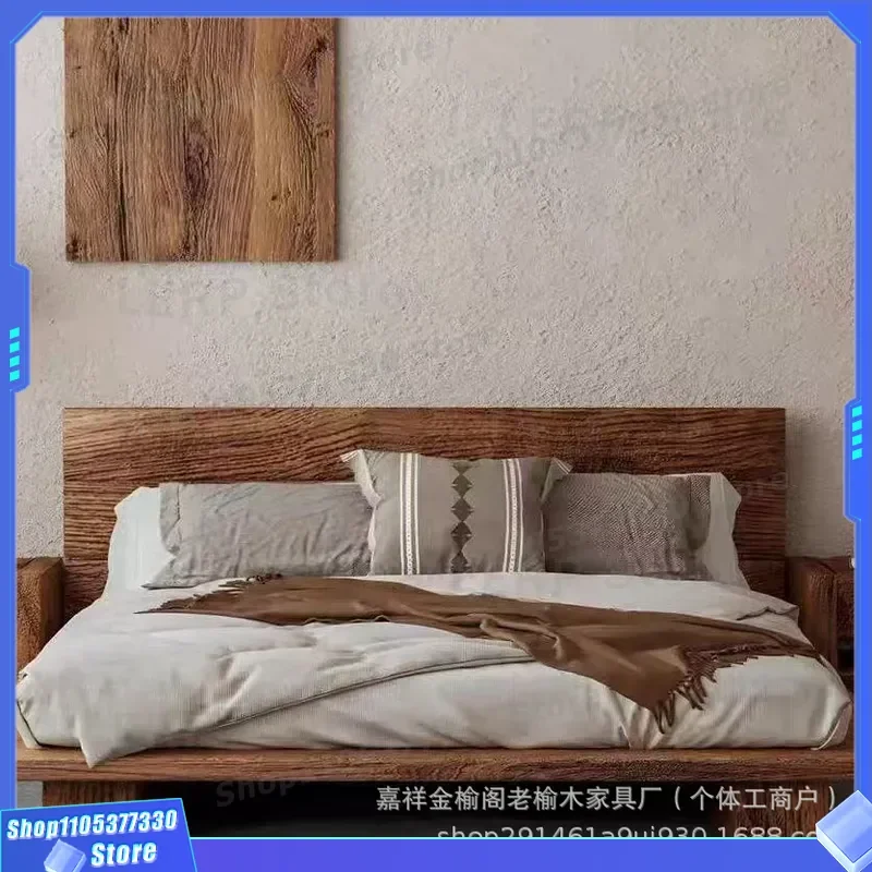 Vintage Chinese Style Old Elm Solid Wood Double Bed for Bedroom Hotel Homestay Wedding Floor Bed Frame Durable Single Size