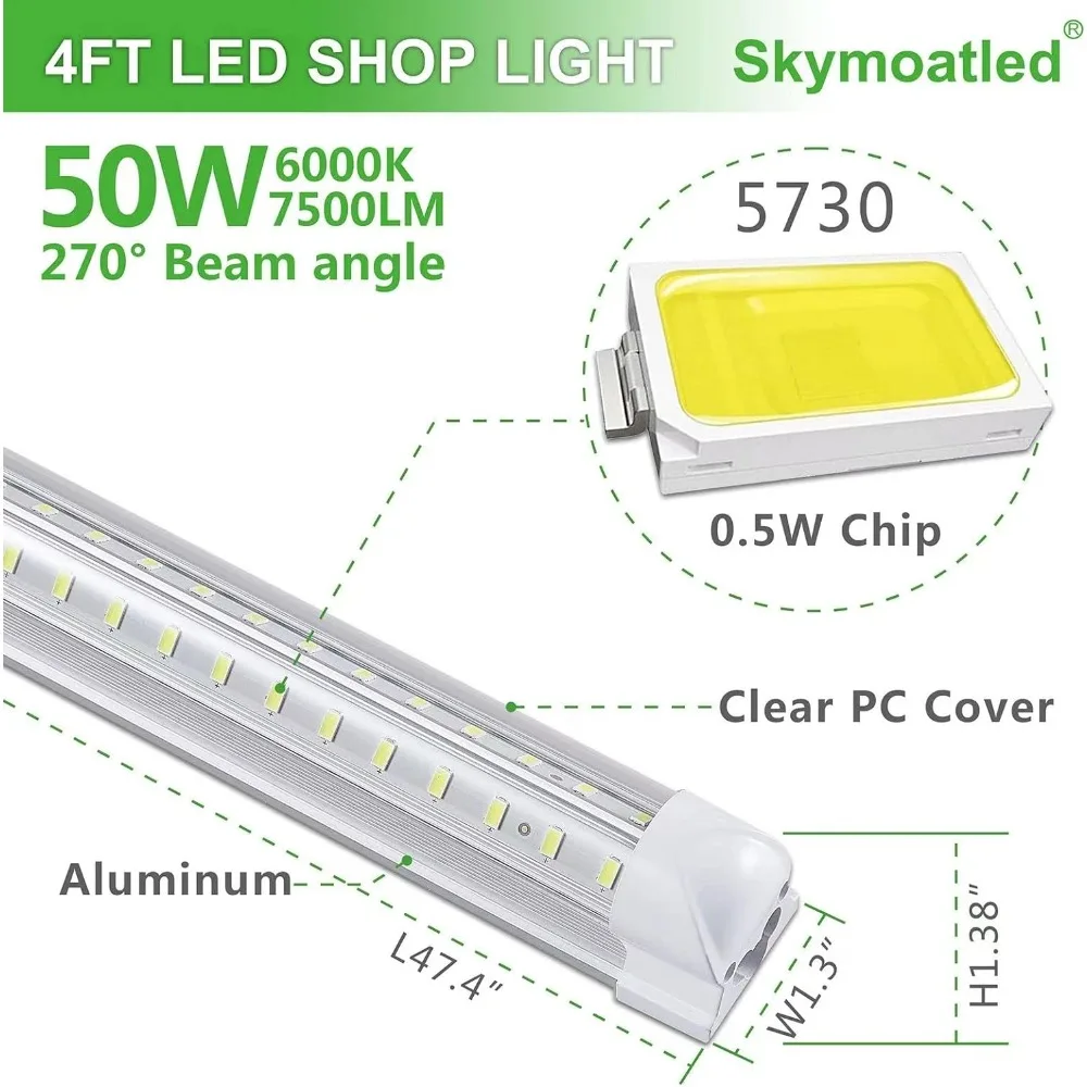 Skymoatled 8Pack 4FT LED Shop Light Garage Lights,50W 6000K 7500LM White Light,Hanging/Surface Mount,T8 4FT LED Tube