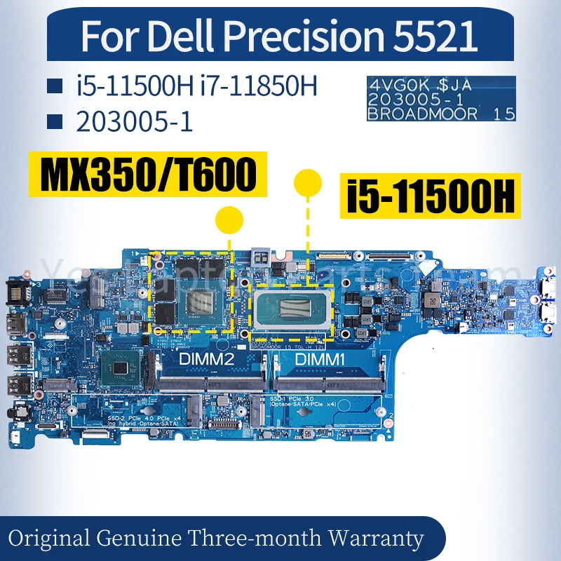 

For Dell Precision 5521 Laptop Mainboard 203005-1 03CRCP 07V9JV 03G764 i5-11500H i7-11850H MX350 T600 Notebook Motherboard