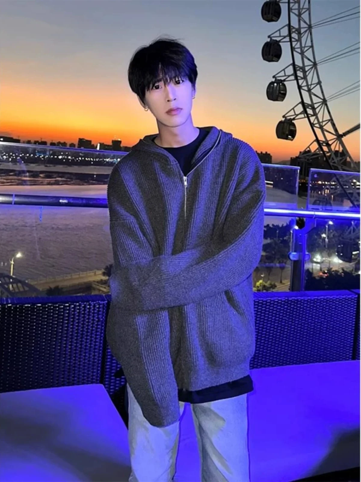 Deep ey f Zip Knitwear Jaet Men's Autumn Winter Sle Casual Loose Fit Polyester Fiber Long Sve Hooded Sweater