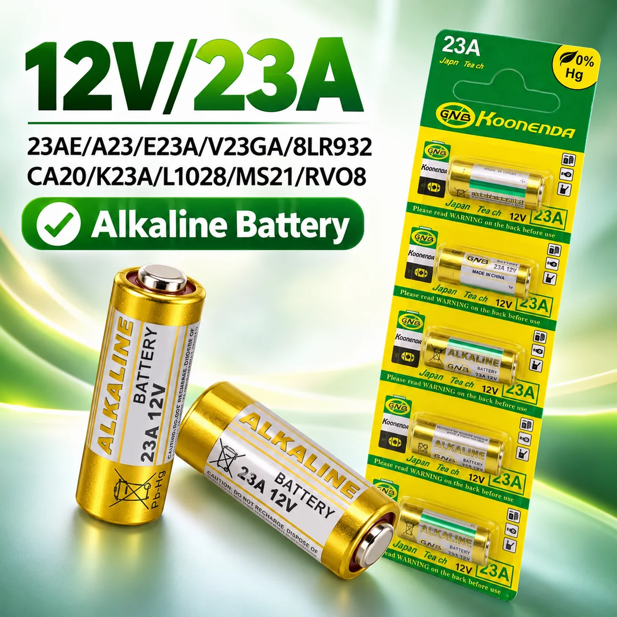 5 Pack 12V 23A A23 Alkaline Batteries, V23GA MN21 Primary Dry Cells for Calculator, Key Fob Remote Controls and Alarm Devices
