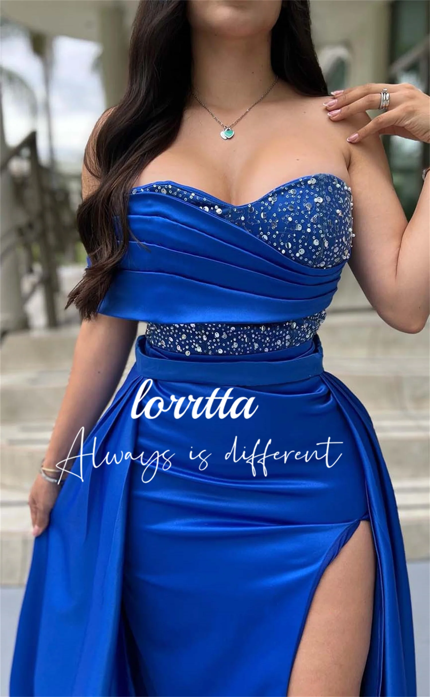 

Lorrtta Sweetheart Neckline Satin Sexy Prom Dress Sequins Blue Mermaid Skirt Cocktail Folds Vestidos De Gala Mujer Fiesta Para