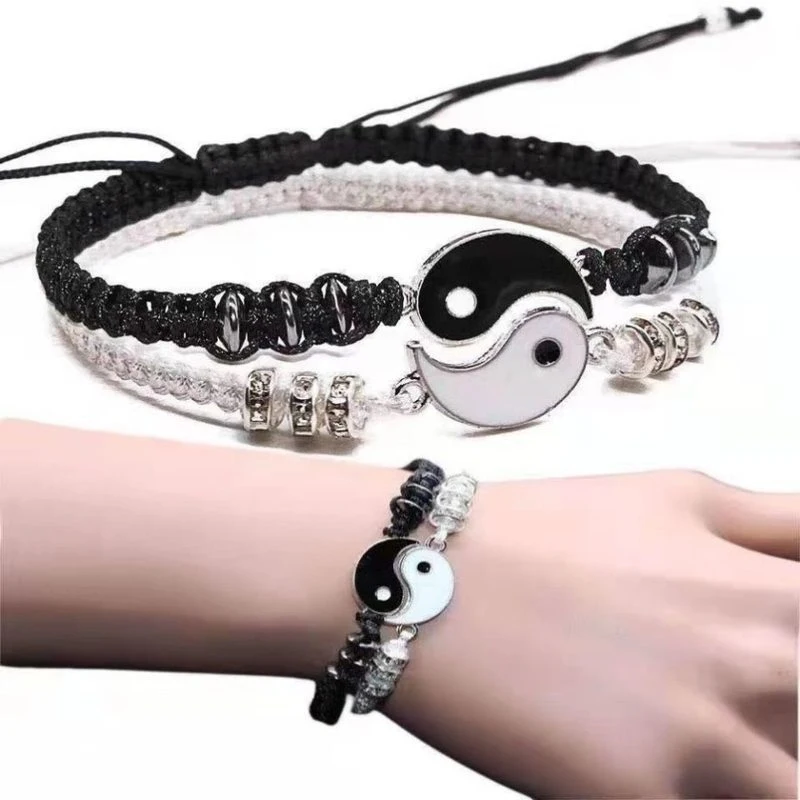 12 Pieces/Set Fashionable Alloy Black and White Tai Chi Rhinestone Woven Bracelets For Couples With Adjustable Fashion Bracelets