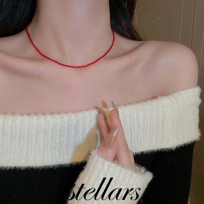 

2026 Trend Chinese Red Necklace New In Crystal Beaded Collarbone Chain - INS Style Office Temperament Jewelry