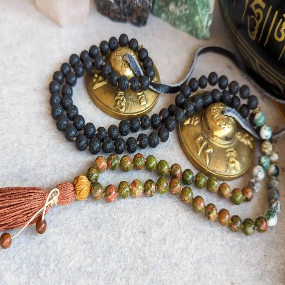

Natural Unakite & Lava Rock 108 Beads Mala Necklace with Brown Tassel Spiritual Meditation Jewelry